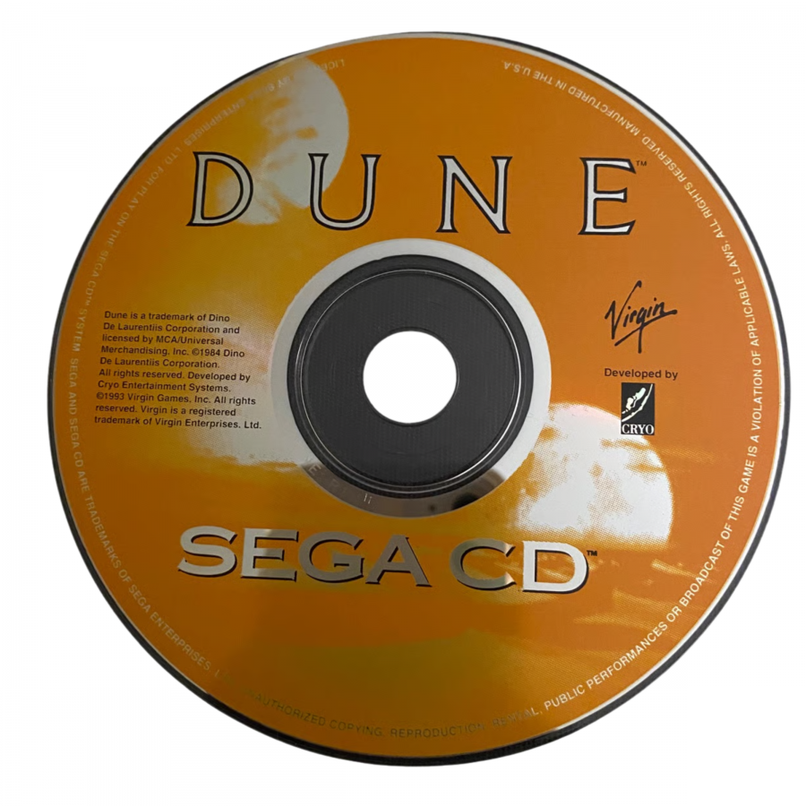 Dune Sega CD strategy adventure game real time strategy exploration Arrakis spice harvesting Frank Herbert sci fi Dune universe political intrigue house Atreides gameplay cinematic cutscenes retro gaming Sega CD software video game title disc