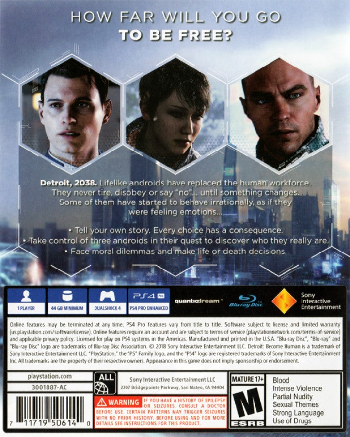 Detroit: Become Human – PlayStation 4 (PS4) video game back of case, narrative adventure by Quantic Dream
