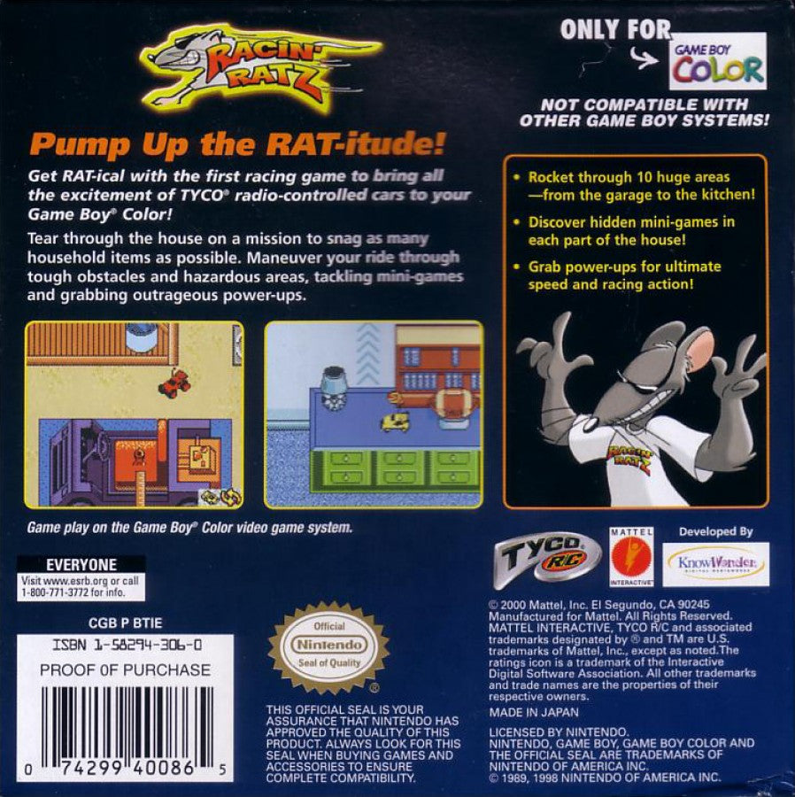 Racin Ratz Game Boy Color GBC video game featuring cartoon racing gameplay high speed kart racing colorful tracks competitive races character racing challenges and classic handheld action retro video game collection collectible gaming appeal back cover art