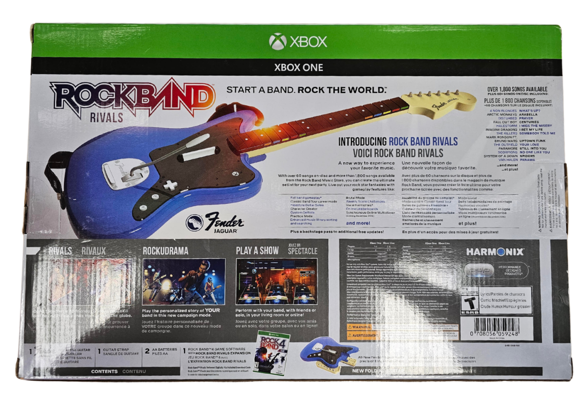 Rock Band Rivals Guitar Bundle Sealed Xbox One XONE video game and accessory bundle featuring rhythm music gameplay guitar controller instrument peripheral rock music performance hit songs band challenges multiplayer party gaming competitive leaderboards guitar strumming note matching rhythm based action sealed packaging collectible Xbox One gaming bundle music game accessory retro video game collection collectible gaming appeal back box art
