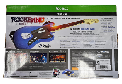 Rock Band Rivals Guitar Bundle Sealed Xbox One XONE video game and accessory bundle featuring rhythm music gameplay guitar controller instrument peripheral rock music performance hit songs band challenges multiplayer party gaming competitive leaderboards guitar strumming note matching rhythm based action sealed packaging collectible Xbox One gaming bundle music game accessory retro video game collection collectible gaming appeal back box art
