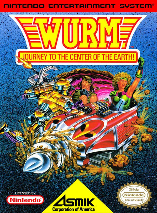 WURM Journey to the Center of the Earth Complete in Box CIB Nintendo Entertainment System NES for retro video game enthusiasts featuring action role playing gameplay side scrolling exploration subterranean adventure sci fi combat giant creatures classic 8 bit action complete in box collectible gaming appeal front cover