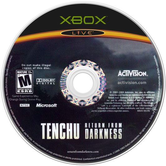 Tenchu: Return from Darkness retro Xbox video game Tenchu Return from Darkness stealth action ninja combat assassination missions third person infiltration gameplay console title Xbox release disc