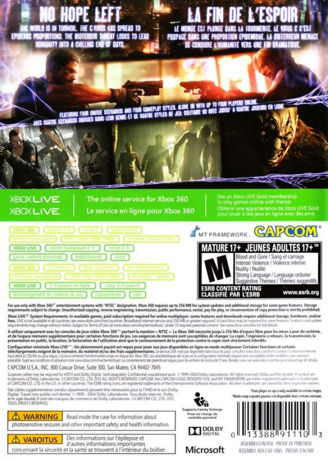 Resident Evil 6 back of case for Xbox 360 (X360) survival horror action-adventure video game