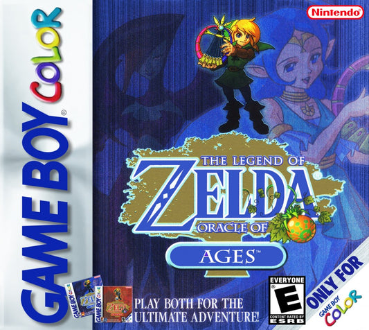 The Legend of Zelda Oracle of Ages Game Boy Color GBC for retro video game enthusiasts featuring action adventure gameplay time travel mechanics classic dungeon exploration puzzle solving top down combat memorable characters and collectible gaming appeal box art 