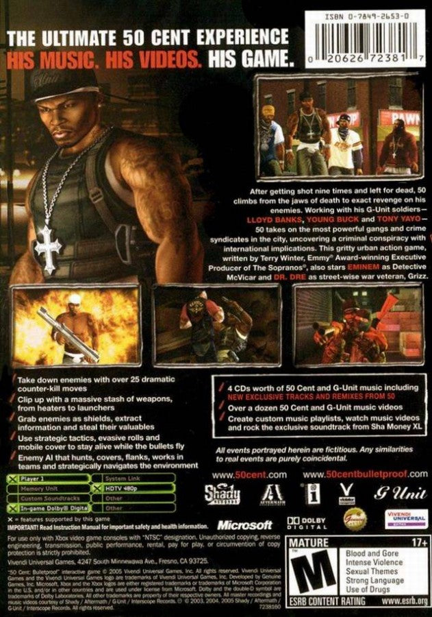 50 Cent: Bulletproof for Xbox (XBOX) at Gamers INC, featuring an intense street-action shooter where you play as 50 Cent in a gritty underworld conspiracy with a high-energy hip-hop soundtrack and arcade-style combat back cover