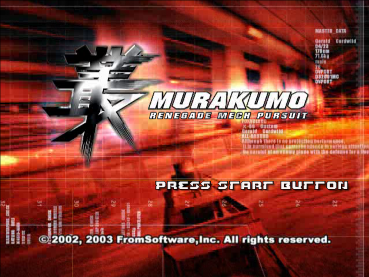 Murakumo: Renegade Mech Pursuit retro Xbox video game Murakumo Renegade Mech Pursuit mech combat aerial dogfighting sci fi action shooter mission based gameplay futuristic combat console title Xbox release title screen