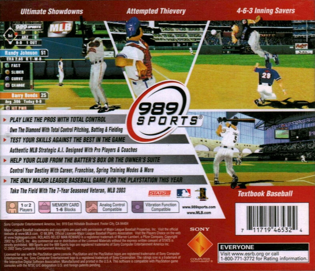 MLB 2003 back cover art for PlayStation 1 (PS1) retro baseball video game 