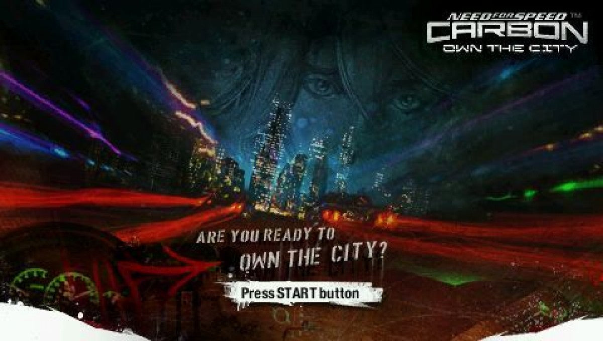 Need for Speed: Carbon - Own the City [Greatest Hits] start screen for PlayStation Portable (PSP) racing game