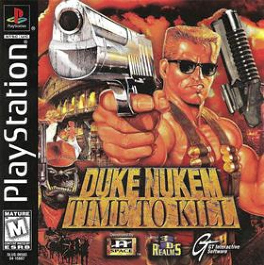 Duke Nukem Time to Kill PlayStation PS1 for third person shooter video game fans featuring Duke Nukem action combat time travel gameplay alien enemies explosive weapons platforming challenges futuristic environments and classic retro PlayStation gaming collectible appeal front