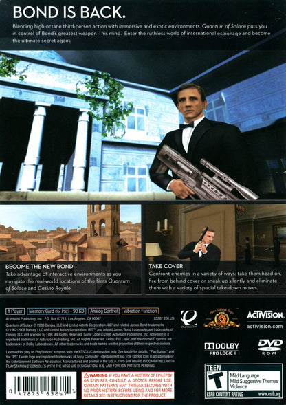 007 Quantum of Solace PS2 Sony PlayStation 2 first person shooter FPS James Bond spy action game movie tie in stealth combat espionage missions Daniel Craig storyline Activision shooter gameplay retro gaming PlayStation 2 software video game title back cover art