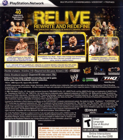 WWE Legends of WrestleMania PlayStation 3 PS3 for wrestling video game fans featuring legendary WWE superstars classic matches arcade style gameplay iconic finishing moves exhibition and tournament modes nostalgic sports entertainment collectible gaming appeal  back cover