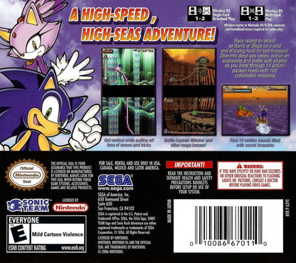 Sonic Rush Adventure Nintendo DS for retro video game enthusiasts featuring high speed side scrolling platforming gameplay Sonic and Blaze adventures fast paced action colorful stages boss battles touchscreen features and collectible gaming appeal back cover