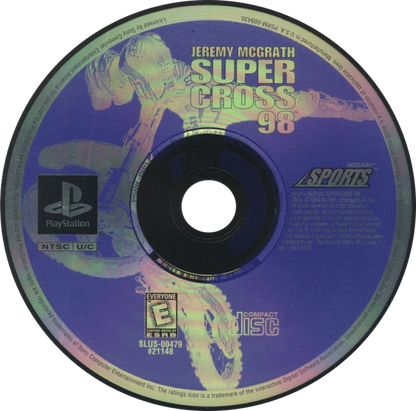 Jeremy McGrath Supercross 98 PlayStation PS1 for motocross racing video game fans featuring off road motorcycle racing realistic supercross tracks high speed competition championship modes trick riding authentic motocross action multiplayer gameplay collectible gaming appeal game disc