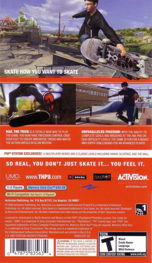 Tony Hawk's Project 8 PlayStation Portable PSP back of case for retro video game enthusiasts featuring skateboarding action gameplay realistic trick based mechanics open city skate environments career mode challenges combo scoring systems extreme sports presentation and portable handheld arcade style gaming experience and collectible gaming appeal