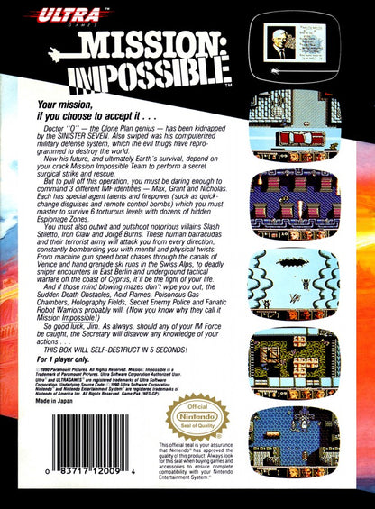 Mission Impossible Complete in Box CIB Nintendo Entertainment System NES for retro video game enthusiasts featuring action adventure gameplay secret agent missions puzzle solving stealth elements movie inspired challenges classic 8 bit gameplay complete in box collectible gaming appeal back cover
