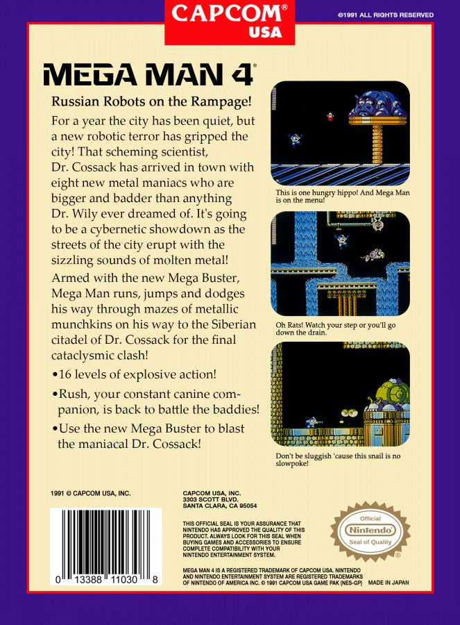 Mega Man 4 cartridge for the Nintendo Entertainment System featuring the classic blue robot hero battling Dr. Wily in a retro 8-bit side-scrolling action platformer back cover art