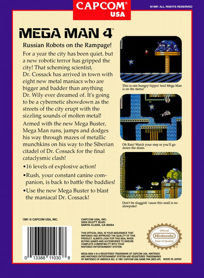 Mega Man 4 cartridge for the Nintendo Entertainment System featuring the classic blue robot hero battling Dr. Wily in a retro 8-bit side-scrolling action platformer back cover art