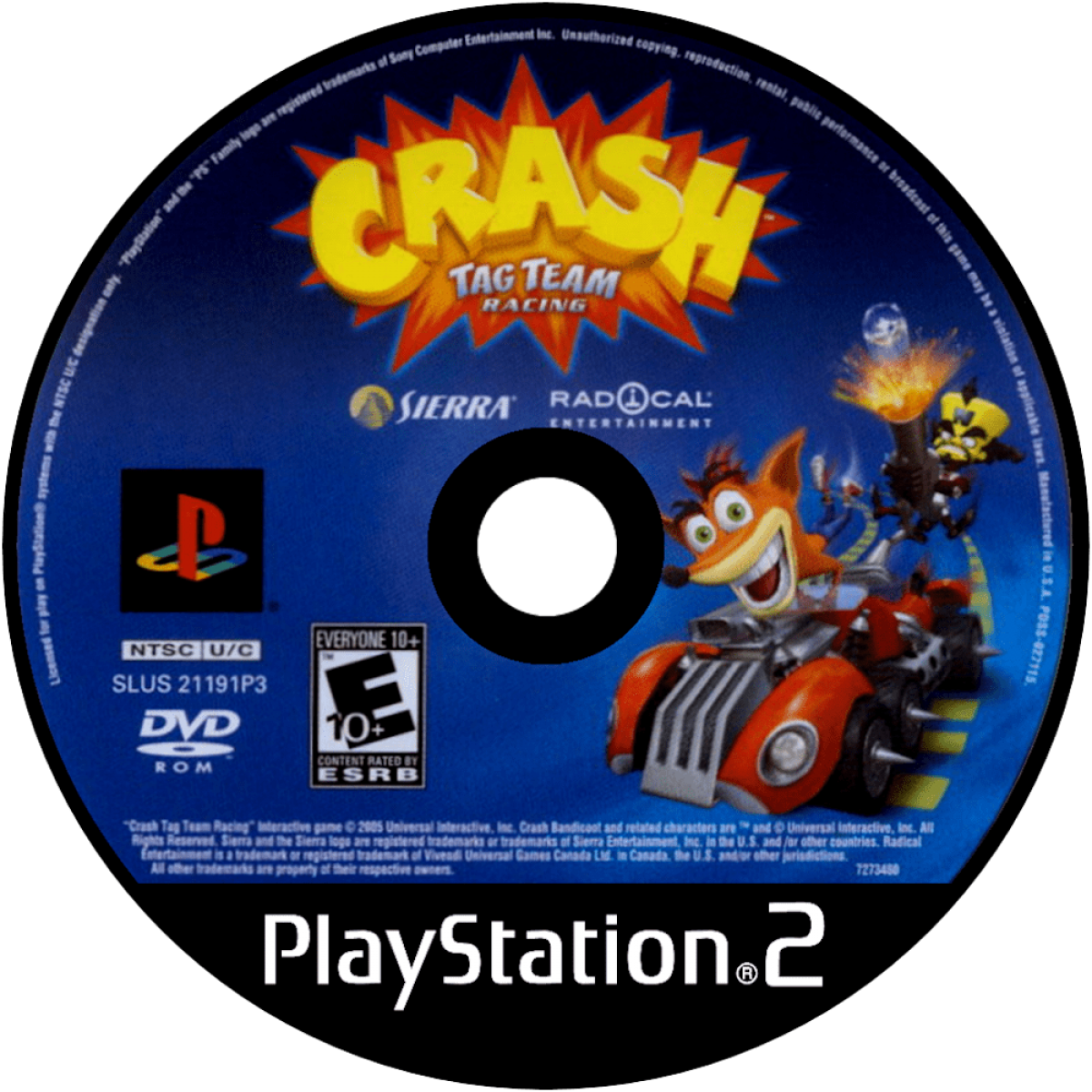 Crash Tag Team Racing for PlayStation 2 (PS2) featuring the hilarious fusion of high-speed racing and platforming adventure where you can "clash" your vehicle with an opponent's to create a powerful hybrid turret-car; explore Von Clutch's Motor World on foot, solve puzzles, and collect Power Gems in this wacky, combat-heavy twist on the Crash Bandicoot racing formula disc