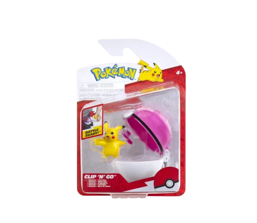 Pokemon Clip N Go Battle Figure Pikachu Love Ball collectible Pokémon Clip N Go set featuring Pikachu figure with Love Ball Poké Ball accessory belt clip toy for fans and collectors