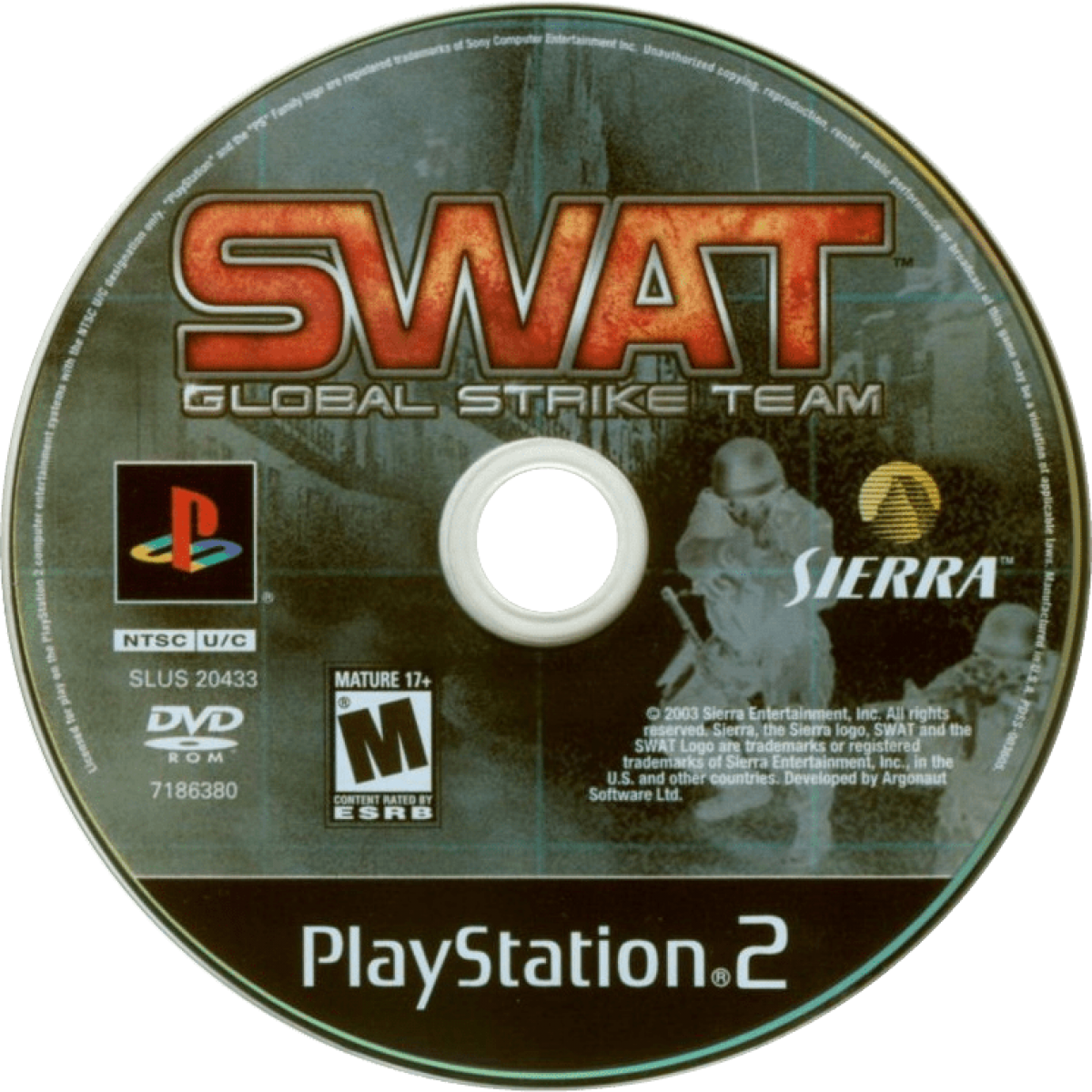 SWAT: Global Strike Team PS2 tactical shooter video game featuring squad-based law enforcement action, real-world weapons, mission-based objectives, hostage rescue scenarios, strategic team commands, cooperative play options, and realistic police-tactical gameplay on PlayStation 2. disc