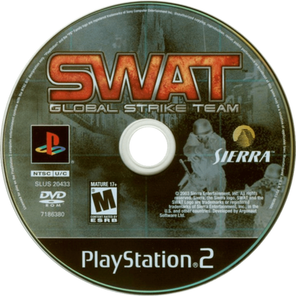 SWAT: Global Strike Team PS2 tactical shooter video game featuring squad-based law enforcement action, real-world weapons, mission-based objectives, hostage rescue scenarios, strategic team commands, cooperative play options, and realistic police-tactical gameplay on PlayStation 2. disc