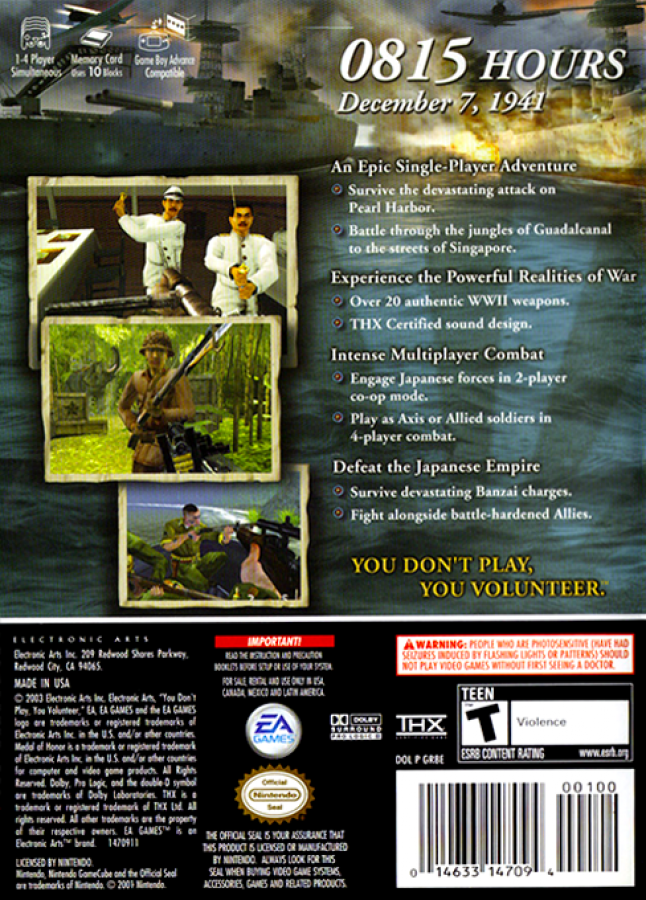 Medal of Honor: Rising Sun back of case for GameCube (GC) World War II first-person shooter video game