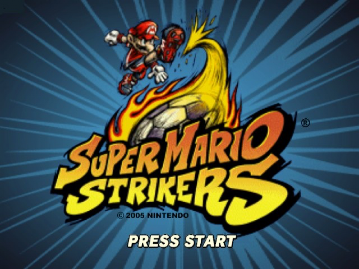 Super Mario Strikers title screen for GameCube game featuring fast-paced arcade soccer gameplay with classic Nintendo characters