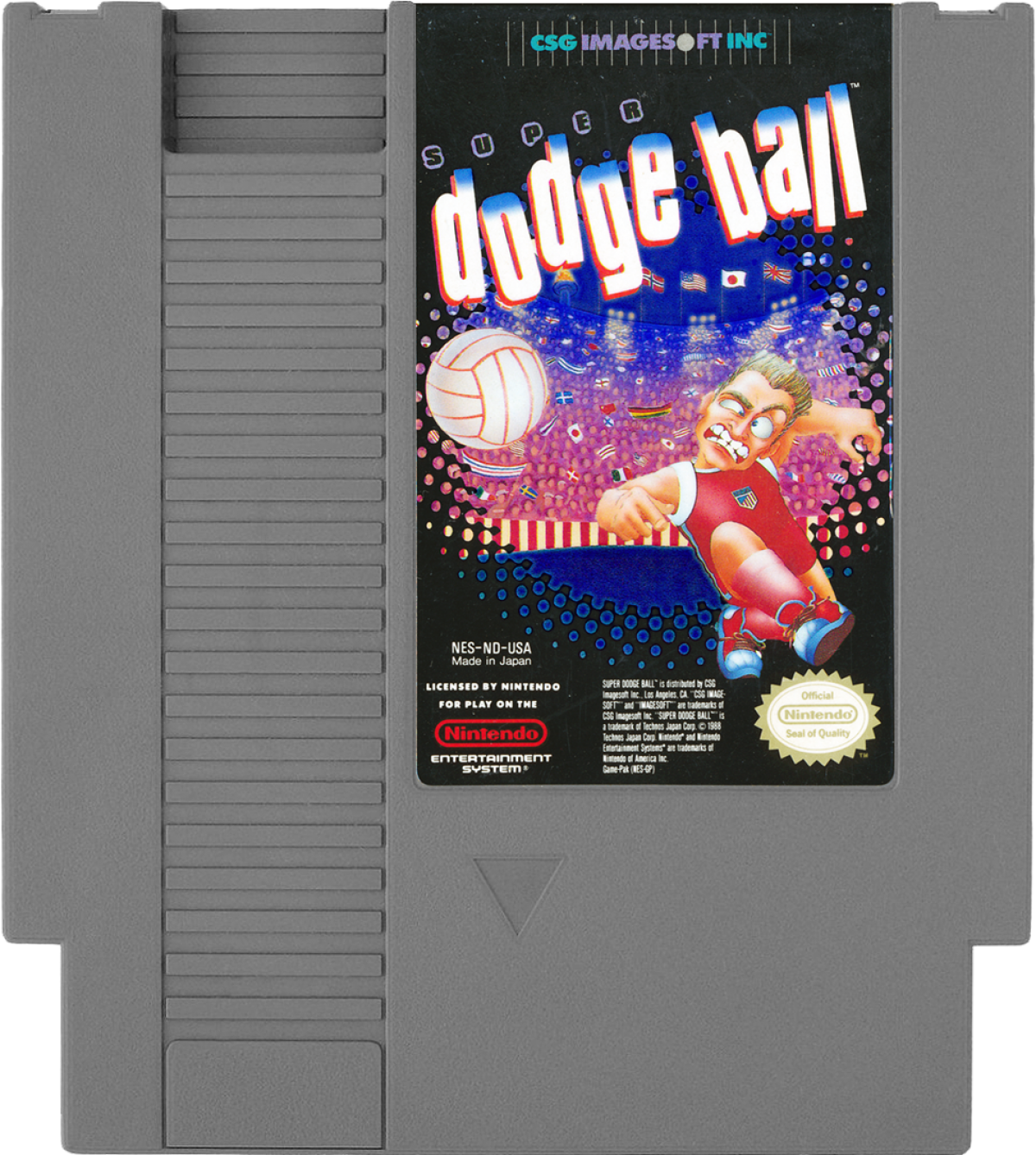 Super Dodge Ball cartridge for the Nintendo Entertainment System featuring 8 bit sports action with fast paced dodgeball gameplay multiple teams and competitive multiplayer matches cartridge