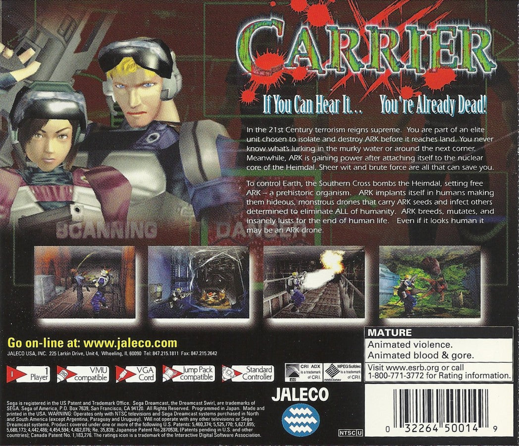 Carrier Sega Dreamcast retro video game survival horror back of case