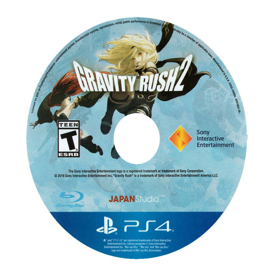 Gravity Rush 2 PlayStation 4 PS4 video game, action adventure, gravity-shifting gameplay, open-world exploration, stylized anime art style disc