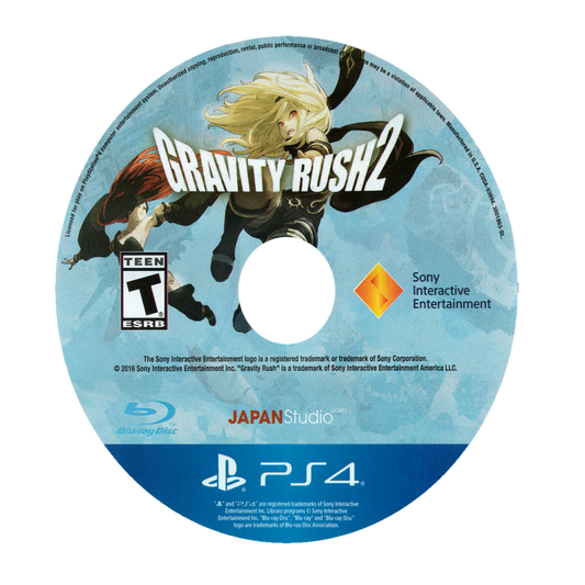 Gravity Rush 2 PlayStation 4 PS4 video game, action adventure, gravity-shifting gameplay, open-world exploration, stylized anime art style disc