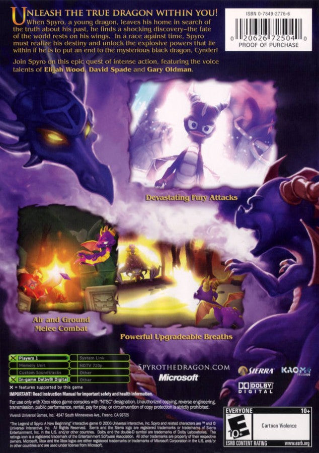 The Legend of Spyro: A New Beginning back cover art for Xbox (XBOX) video game