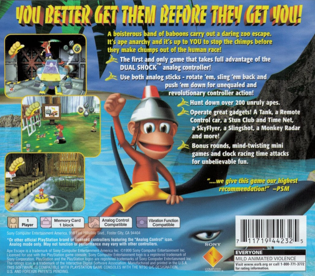 Ape Escape for PlayStation 1 action platformer featuring Spike capturing runaway monkeys using gadgets dual analog controls colorful levels and adventure gameplay back cover