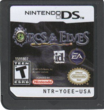 Orcs & Elves game for the Nintendo DS featuring first person dungeon crawling RPG gameplay with turn based combat fantasy environments and story driven quests as a lone hero battling monsters cartridge