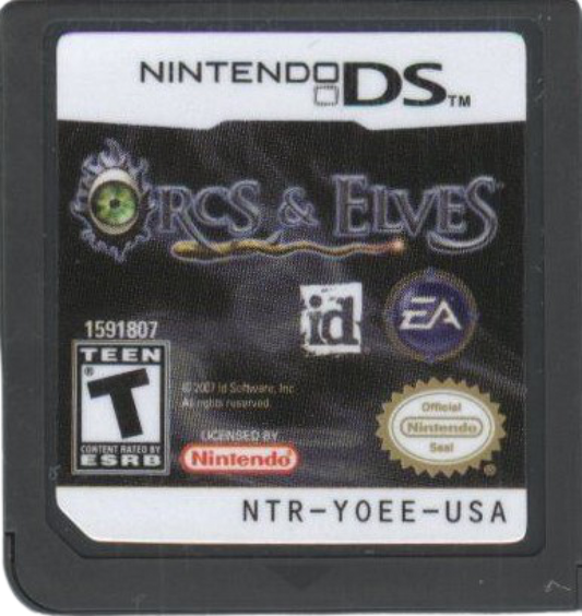 Orcs & Elves game for the Nintendo DS featuring first person dungeon crawling RPG gameplay with turn based combat fantasy environments and story driven quests as a lone hero battling monsters cartridge