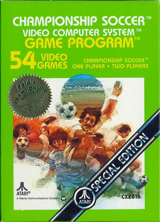 Championship Soccer for Atari 2600, cover image for a soccer sports video game with arcade-style gameplay, team-based competition, retro controls, and classic football action