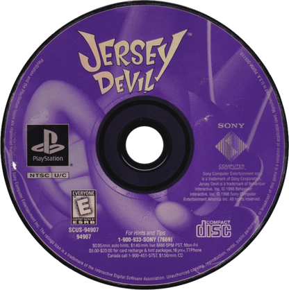 Jersey Devil PlayStation PS1 for action platforming video game fans featuring 3D platform adventure gameplay monster fighting puzzle solving spooky environments cartoon horror style visuals challenging levels unique character abilities classic PlayStation adventure collectible gaming appeal disc