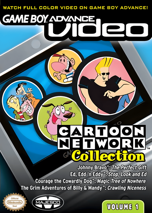 GBA Video Cartoon Network Collection Volume 1 Game Boy Advance video playback cartridge featuring episodes of Ed Edd n Eddy Courage the Cowardly Dog and other Cartoon Network shows box front cover