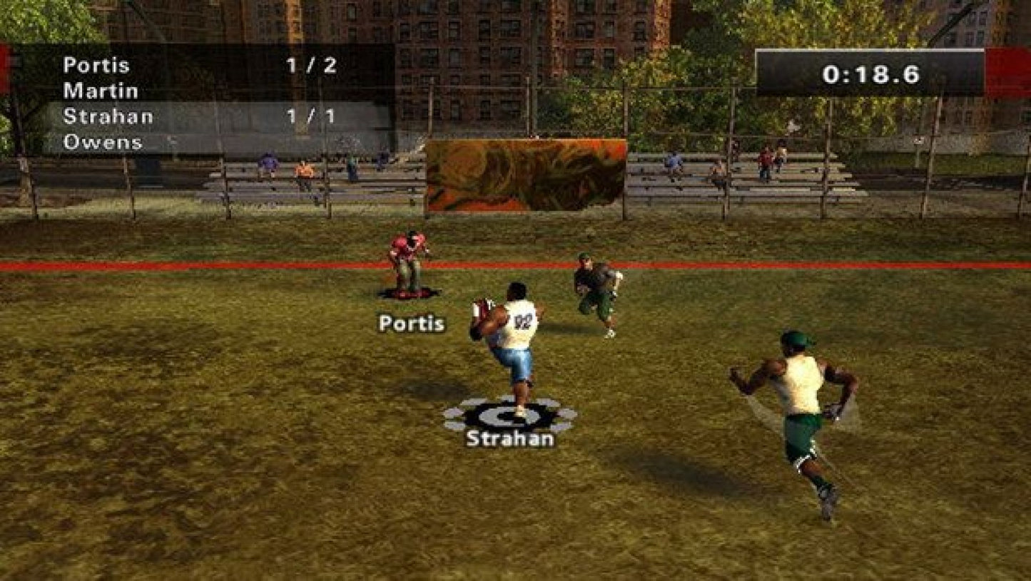 Retro NFL Street 2 PS2 inspired design featuring arcade football action aesthetic vintage PlayStation 2 street style gameplay exaggerated tackles trick plays urban sports culture fast paced multiplayer competition iconic EA Sports BIG presentation nostalgic football gaming energy - gameplay