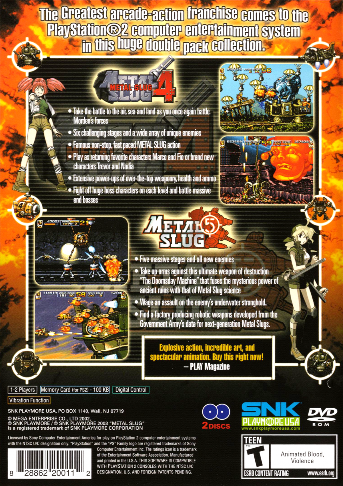 Metal Slug 4 & 5 back cover art for PlayStation 2 (PS2) featuring fast‑paced run‑and‑gun arcade action with explosive battles, vehicles, and cartoon‑style warfare.