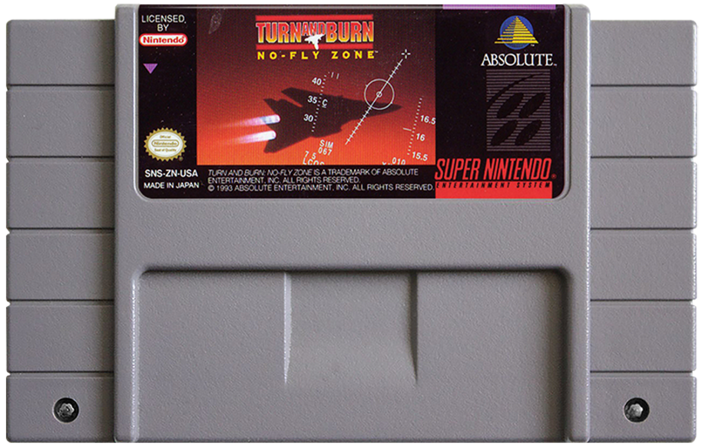 Turn and Burn No Fly Zone Super Nintendo Entertainment System inspired design featuring military flight combat simulation aesthetic high speed jet fighter action aerial dogfights mission based warfare cockpit gameplay classic 16 bit aviation adventure presentation cartridge
