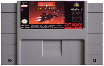 Turn and Burn No Fly Zone Super Nintendo Entertainment System inspired design featuring military flight combat simulation aesthetic high speed jet fighter action aerial dogfights mission based warfare cockpit gameplay classic 16 bit aviation adventure presentation cartridge