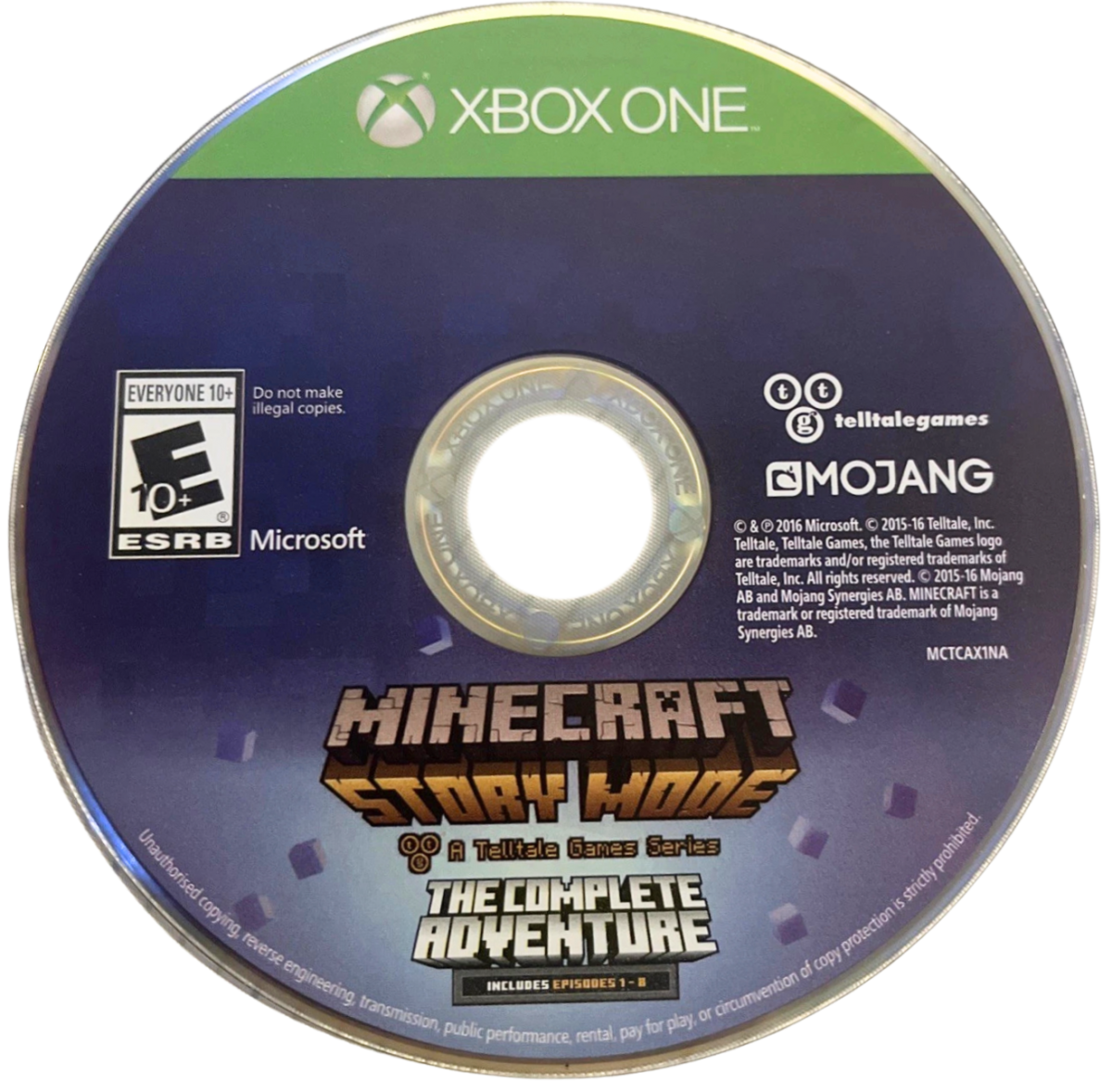 Minecraft: Story Mode The Complete Adventure for Xbox One, disc image for an episodic action-adventure narrative video game