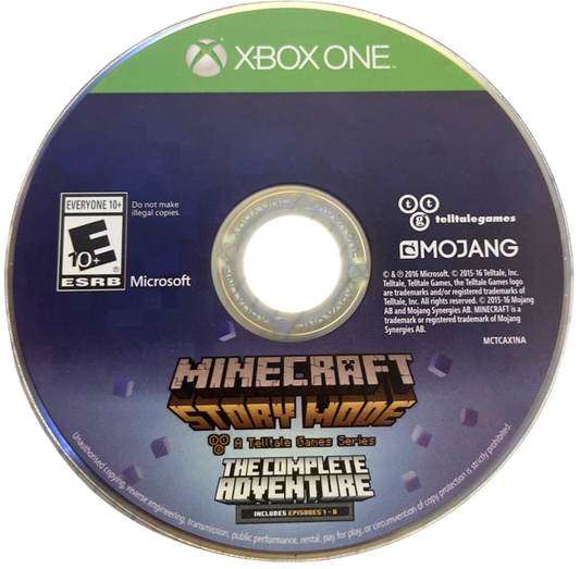 Minecraft: Story Mode The Complete Adventure for Xbox One, disc image for an episodic action-adventure narrative video game