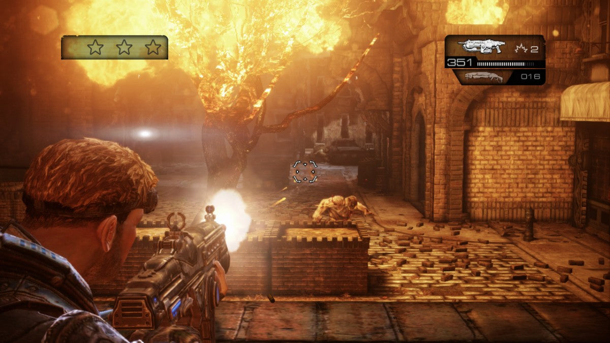 Gears of War: Judgment for Xbox 360 (X360) featuring a high-intensity prequel following Kilo Squad led by Damon Baird as they defy military orders to save Halvo Bay; experience the "Declassified" mission system for added challenge, faster-paced multiplayer, and the debut of the chaotic OverRun mode in this cinematic expansion of the Gears universe gameplay screenshot