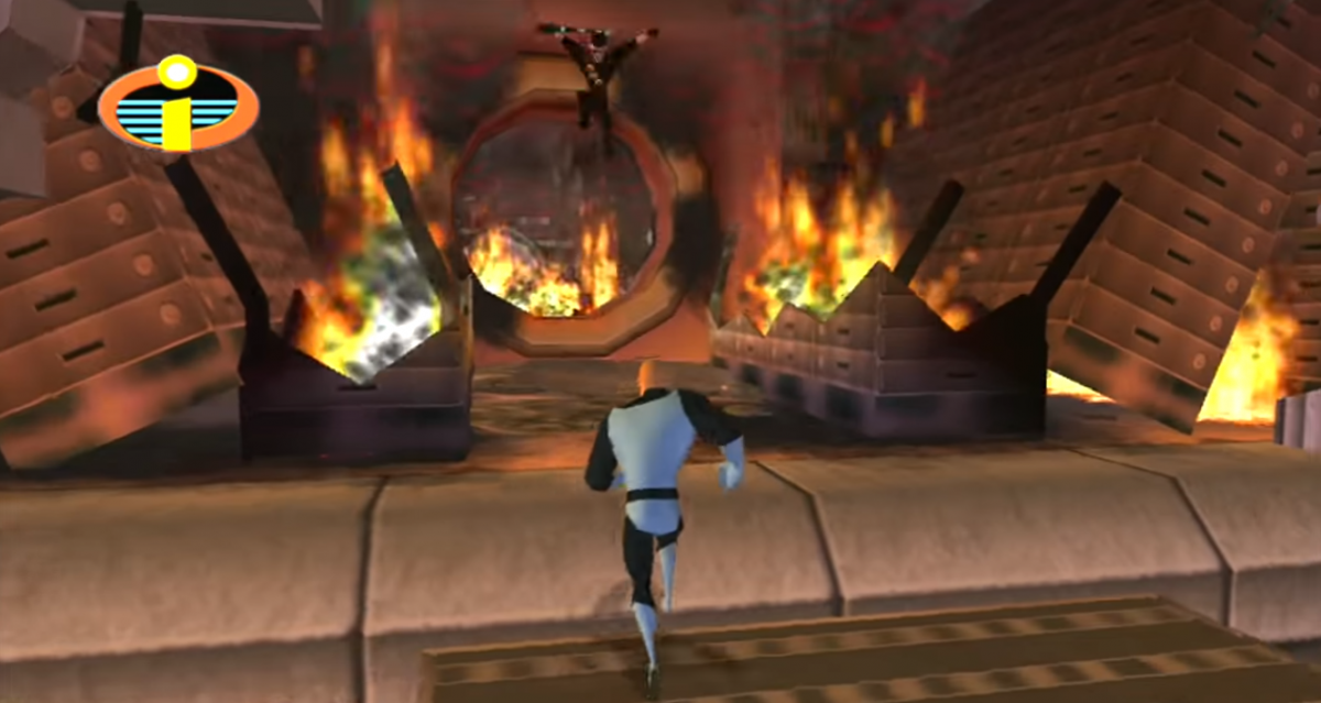 Disney Pixar The Incredibles Xbox action-adventure video game based on the animated film superhero family Mr Incredible Elastigirl Dash Violet Frozone crime fighting levels Syndrome omnidroid villain cooperative gameplay THQ Pixar license cel-shaded graphics super powers puzzle platforming gameplay screenshot