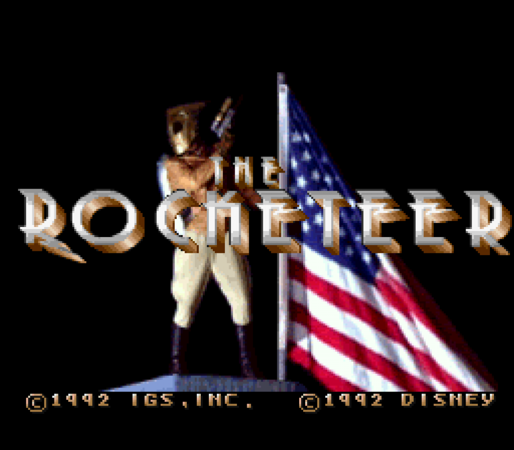 The Rocketeer Super Nintendo Entertainment System SNES retro video game action adventure featuring jetpack flight aerial combat enemy battles platforming gameplay classic 16 bit graphics based on The Rocketeer Super Nintendo gaming experience retro game collection appeal start screen