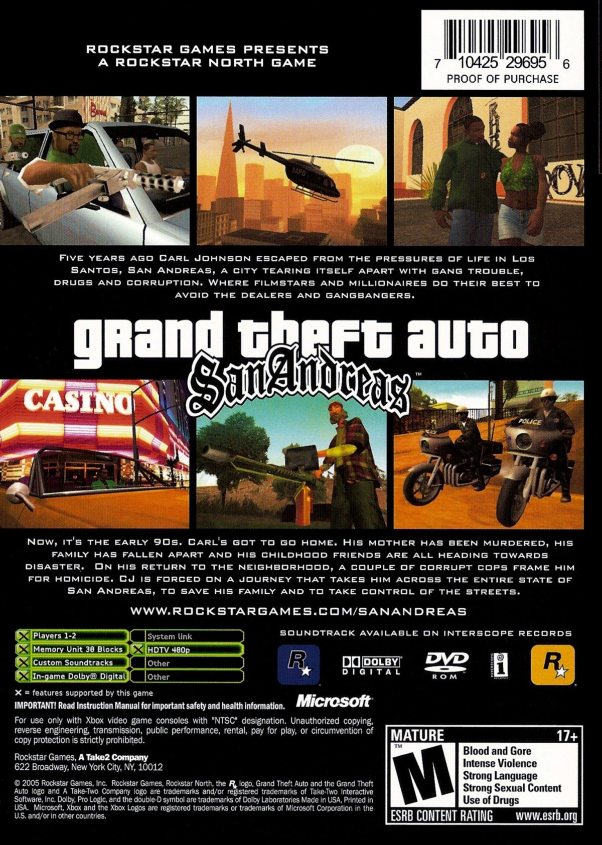 Grand Theft Auto San Andreas Microsoft Xbox Original Xbox video game featuring open world action adventure gameplay Los Santos San Fierro Las Venturas exploration driving missions combat character customization and crime themed story retro video game collection collectible gaming appeal back cover art
