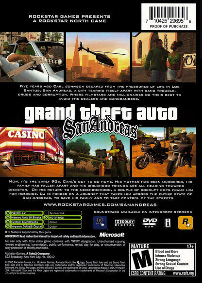 Grand Theft Auto San Andreas Microsoft Xbox Original Xbox video game featuring open world action adventure gameplay Los Santos San Fierro Las Venturas exploration driving missions combat character customization and crime themed story retro video game collection collectible gaming appeal back cover art